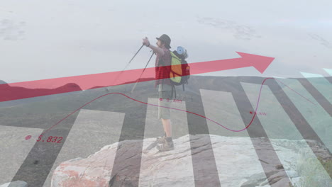animación de procesamiento de datos financieros sobre hombre caucásico caminando en las montañas