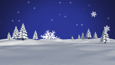 Animation-Von-Schnee,-Der-über-Tannenbäume-Und-Winterlandschaft-Fällt