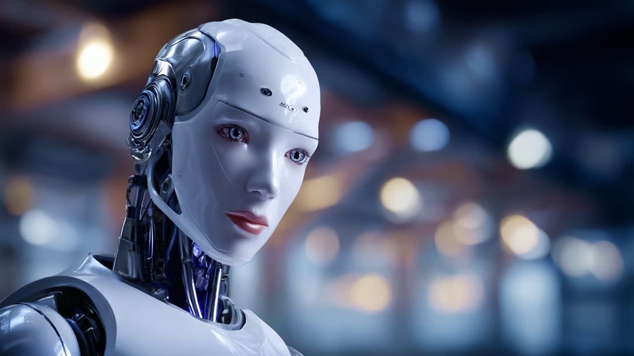 Un robot umanoide che mette in mostra l'intelligenza artificiale avanzata con un design complesso ed espressione emotiva in un'atmosfera futuristica con sfondo sfocato