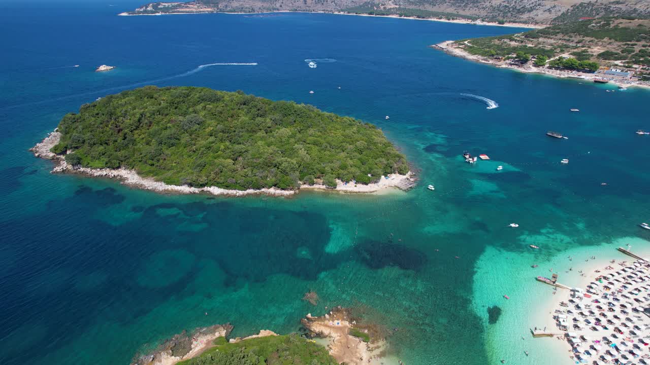 Ksamil Coastline: Emerald Islands, Turquoise Seas, and Pristine White Sands Beach Along Albania's Stunning Mediterranean Shore