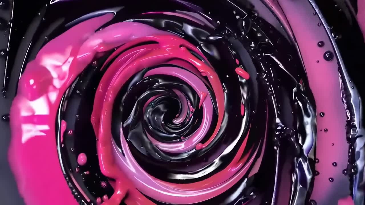 Top-down video of swirling black and pink liquid, creating a hypnotic spiral effect