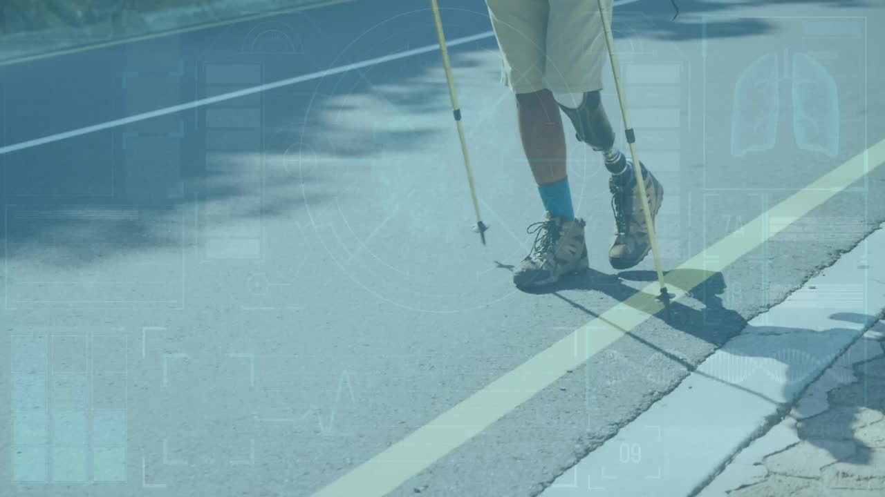 Animation of digital screen over african american man with prosthetic legs training nordic walking