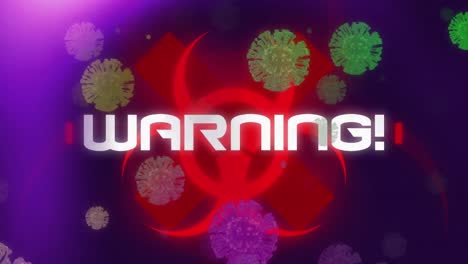 Multiple-covid-19-cells-icons-floating-against-warning-text-over-biohazard-symbol-on-blue-background