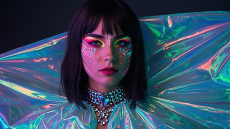 mesmerizing portrait of a model in futuristic holographic fashion, showcasing vibrant colors, dramatic makeup, and a dazzling expression amidst an artistic backdrop