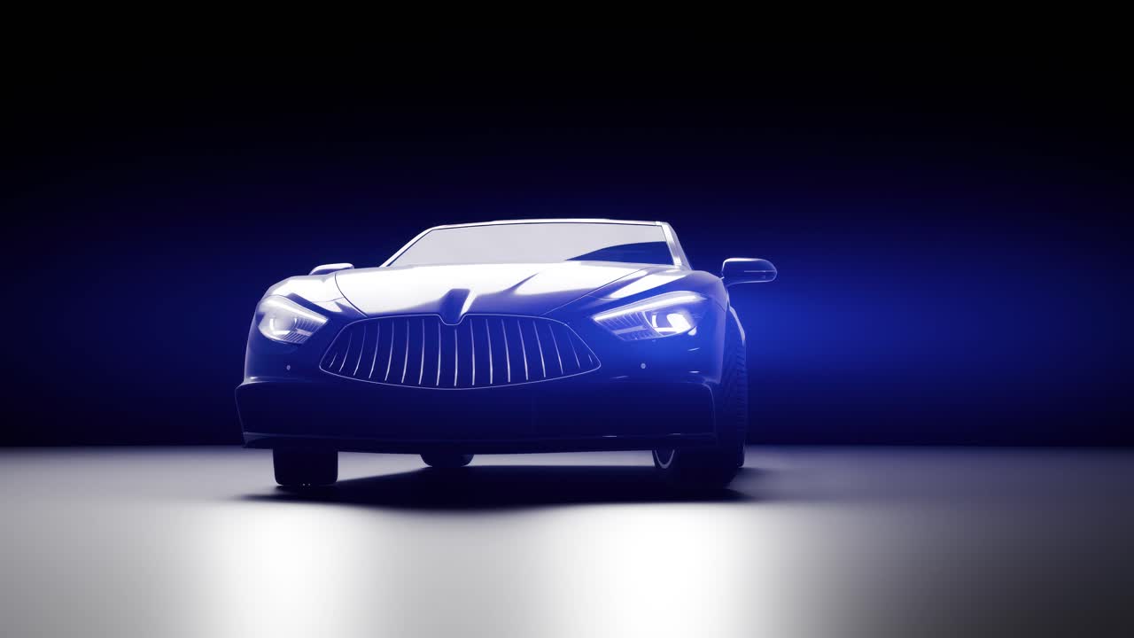 Auto sportiva moderna con fari blu su sfondo scuro.
