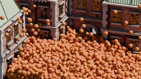 oranges overflowing city buildings