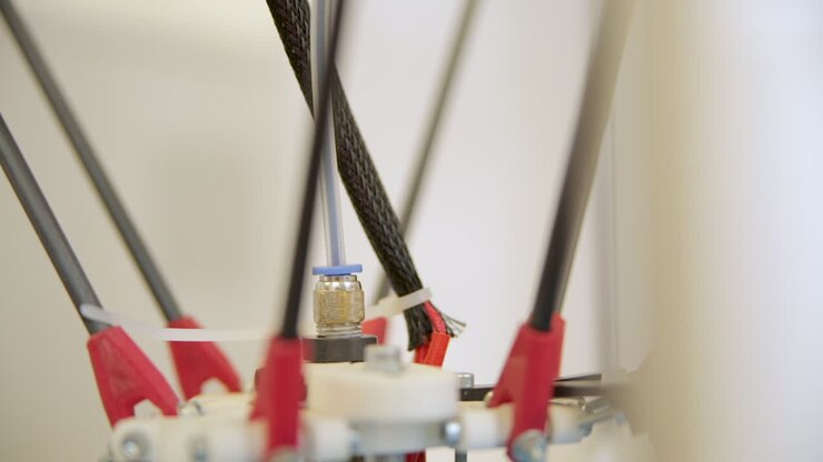 macro shot 3d printer parts axis cables moving rapidly daylight
