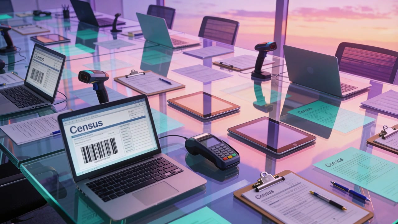 Panning camera revealing glass table in office, showing Census laptop, scanners for check-in