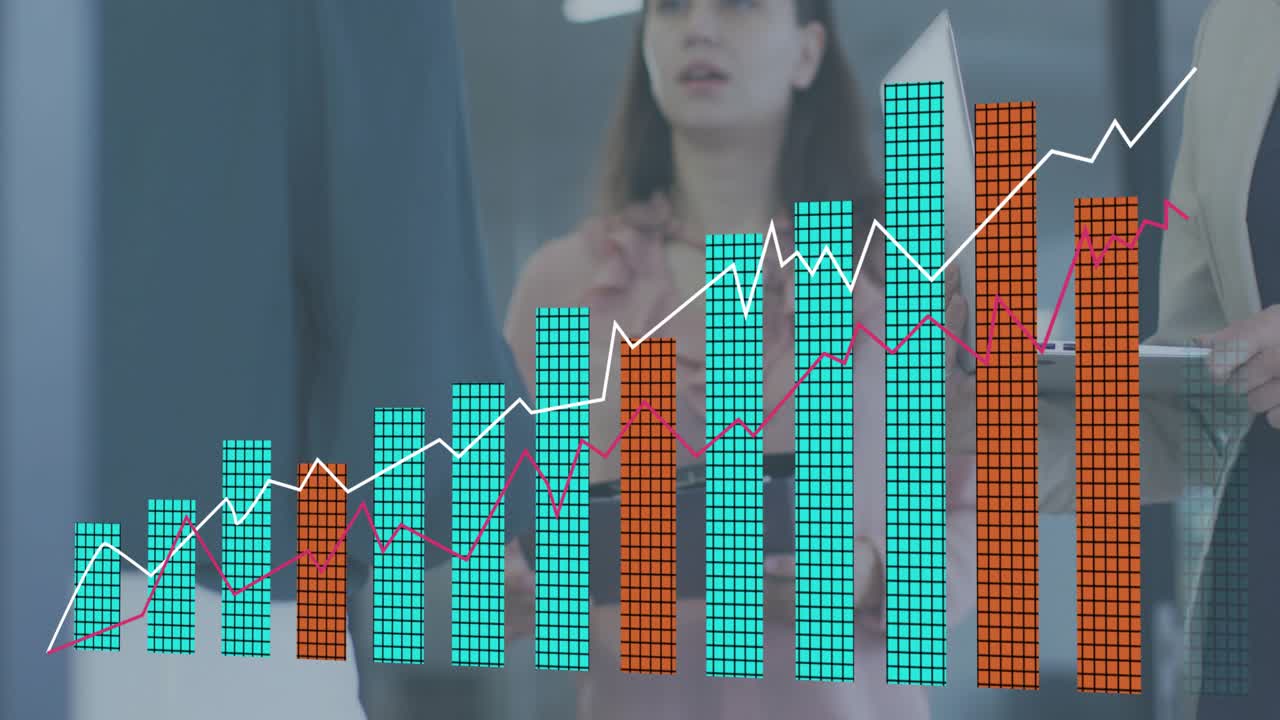Colegas completando un apretón de manos y comenzando un gráfico animado de métricas empresariales que asciende sobre la pantalla.