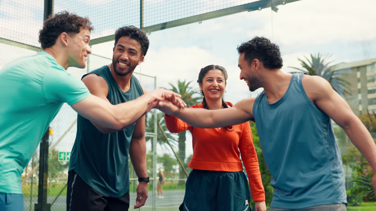 Diverse Group of Friends Celebrating Success on a Sports Court