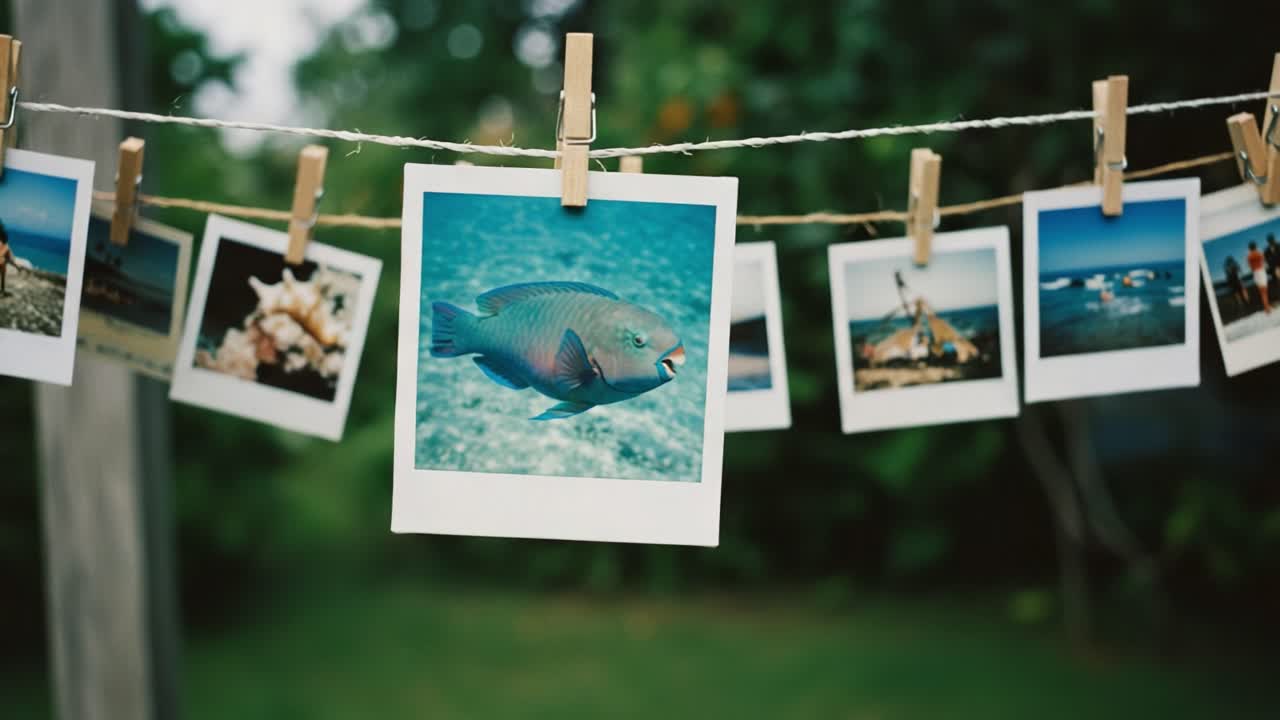 A Vibrant Display of Nature Captured in Photographs: Showcasing Marine Life and Scenic Beauty Through a Colorful Arrangement of Printed Images Hanging Outdoors
