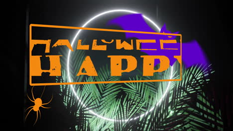 animation of happy halloween text over plants and bats on black background