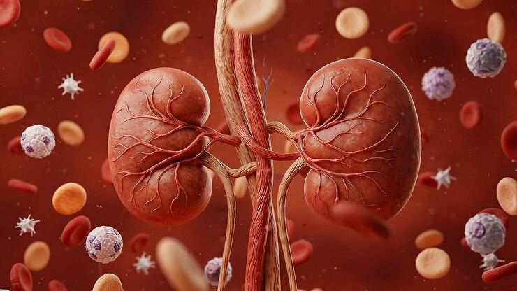 Detailed kidney cells and renal tissue scientific medical visualization