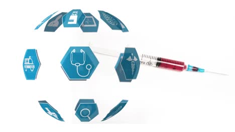 Animation-of-globe-with-medical-icons-and-syringe