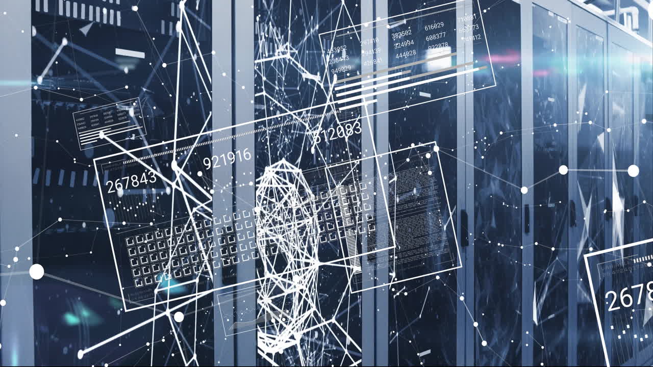 Animation of data processing over shapes and server room