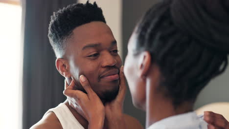 Face,-love-and-African-couple-in-bedroom-together