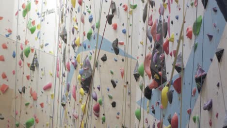 wide shot of a vibrant indoor climbing gym wall