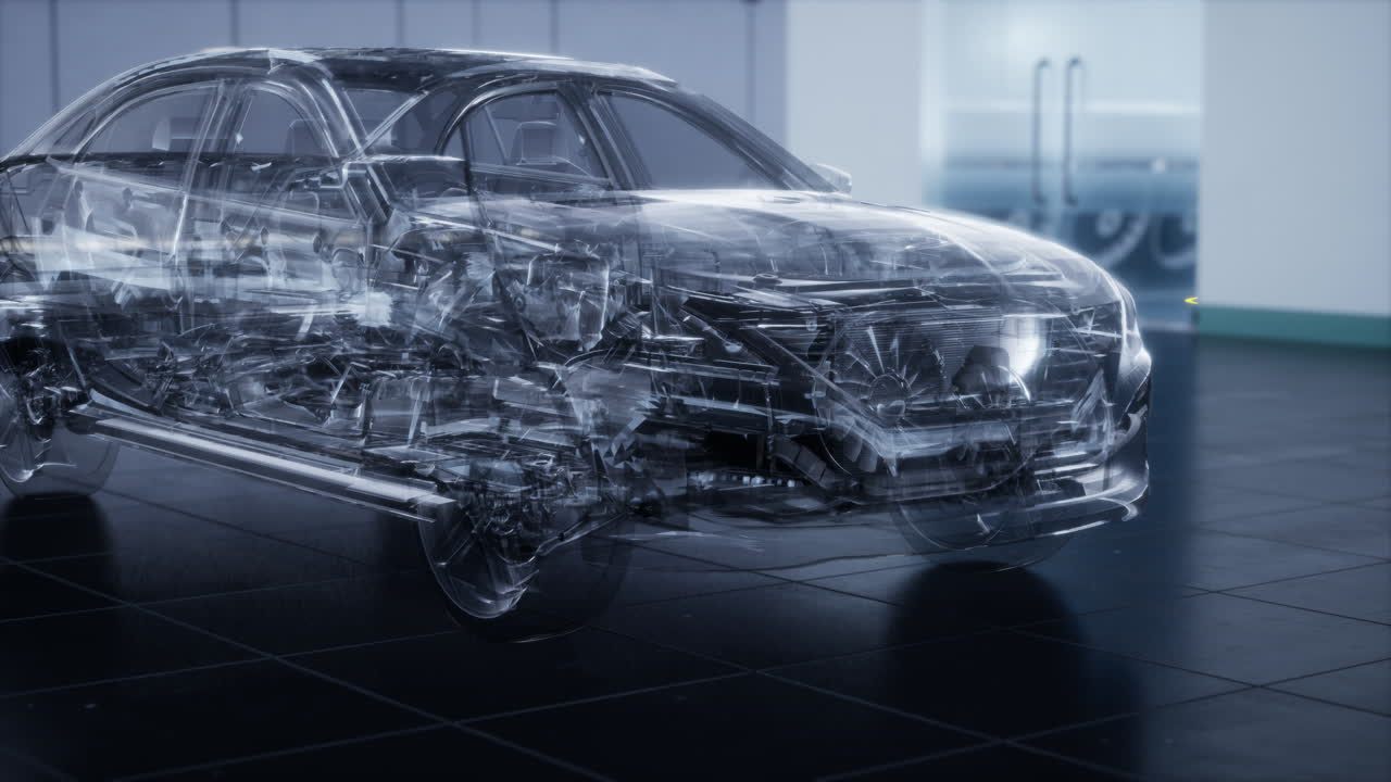 transparent car with engine in laboratory
