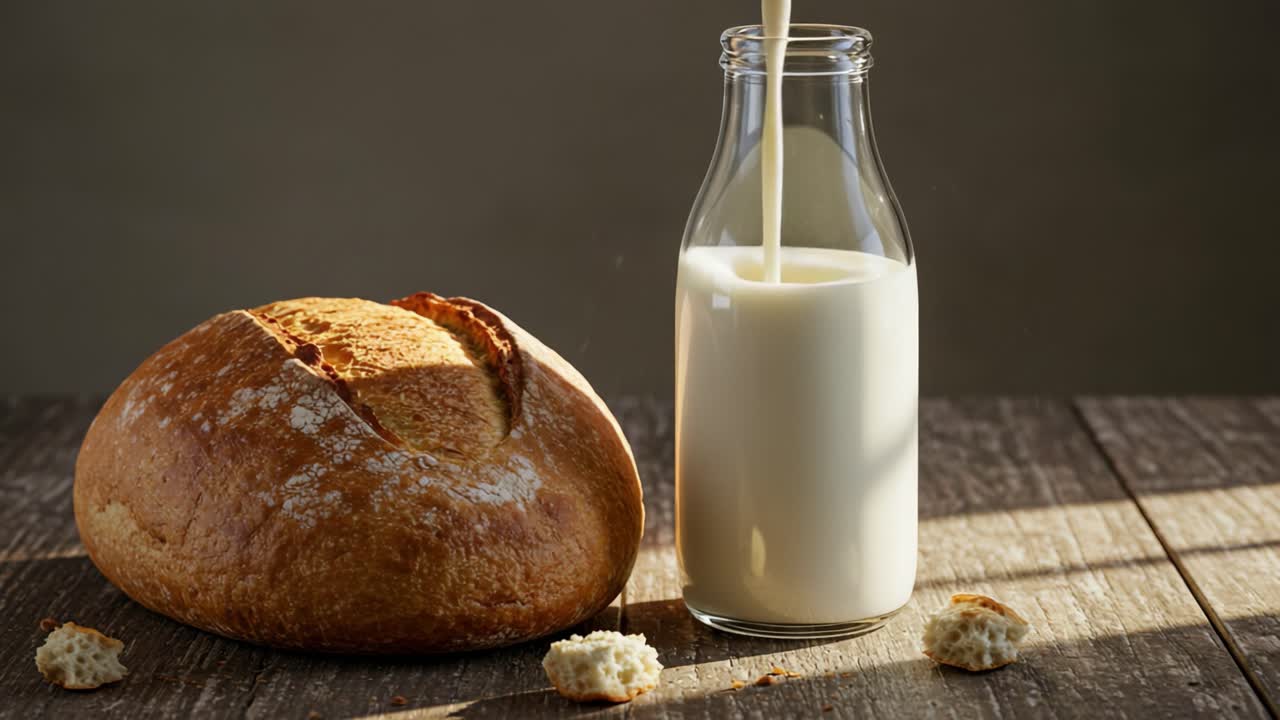 A Beautifully Rustic Setting Featuring Freshly Baked Bread Next to a Bottle of Creamy Milk, Perfectly Captured in a Warm Light Atmosphere