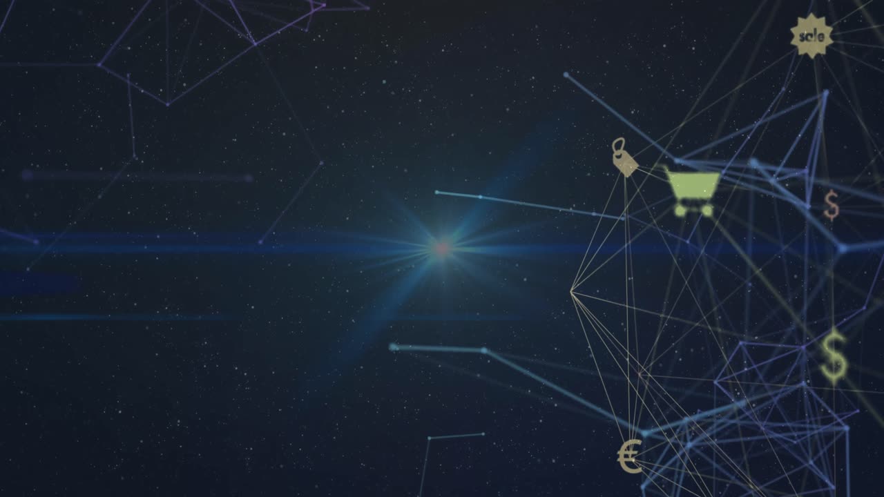 Animation of network of connections with icons in navy space