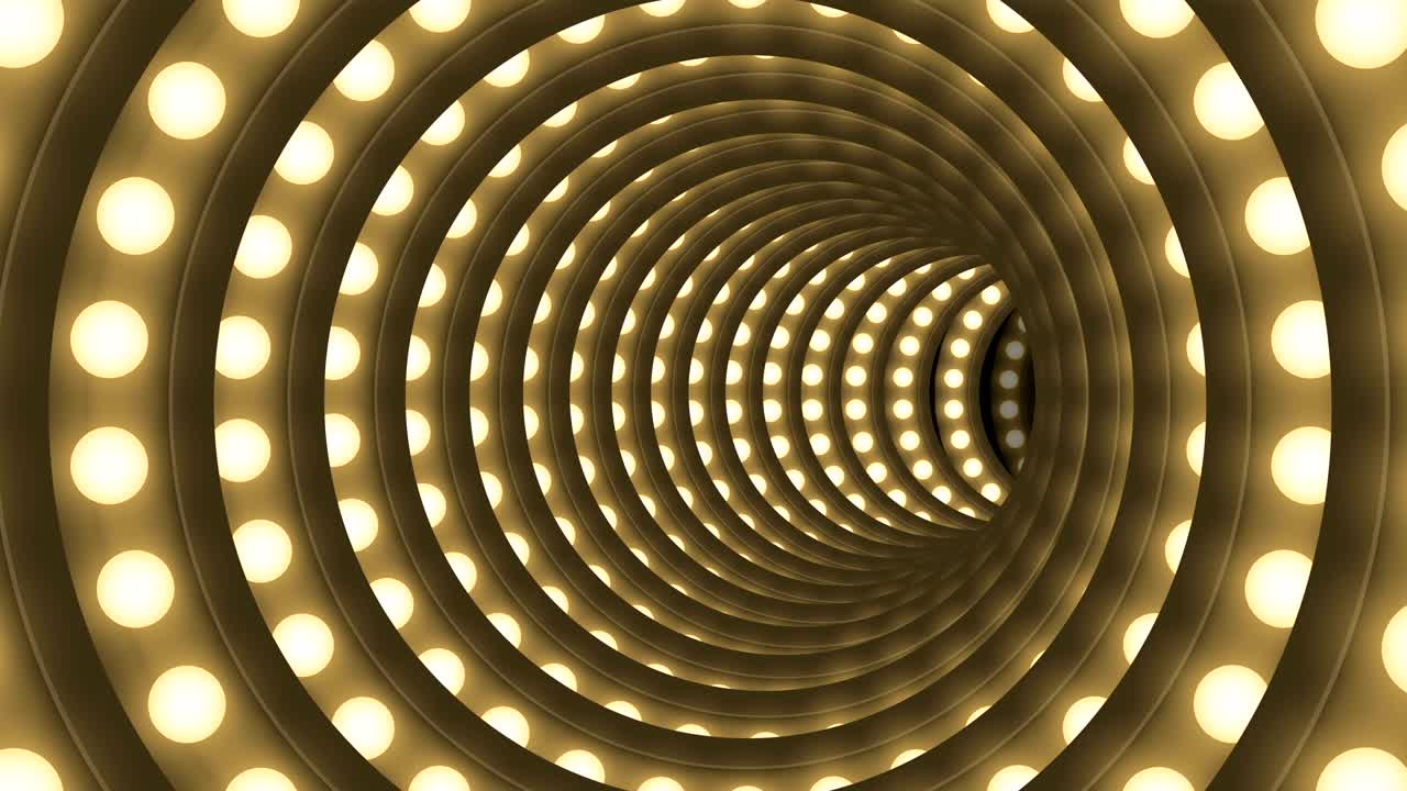 caja de bombilla incandescente de túnel forma de círculo patrón móvil, estilo retro 3d ilustración de estilo virtual brillo en fondo oscuro animación de bucle sin costuras 4k, con espacio de copia
