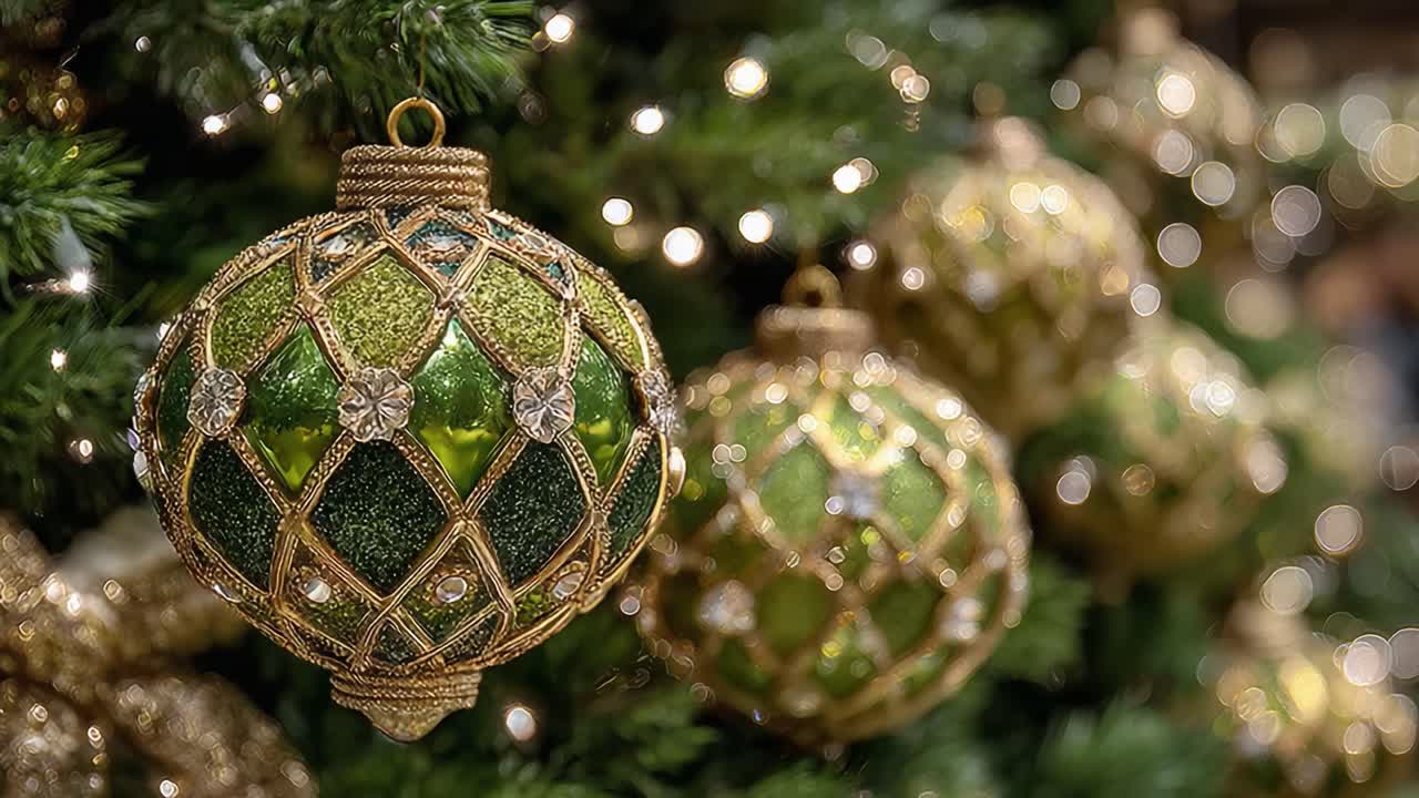 Beautifully Decorated Christmas Tree Ornaments in Stunning Green and Gold, Capturing the Festive Spirit of the Holiday Season with Sparkling Details