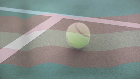 tennis ball sitting near white boundary line on textured hard court in animated flat design
