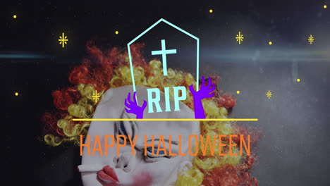 animation of happy halloween and rip text on tombstone with stars and clown mask falling in the back