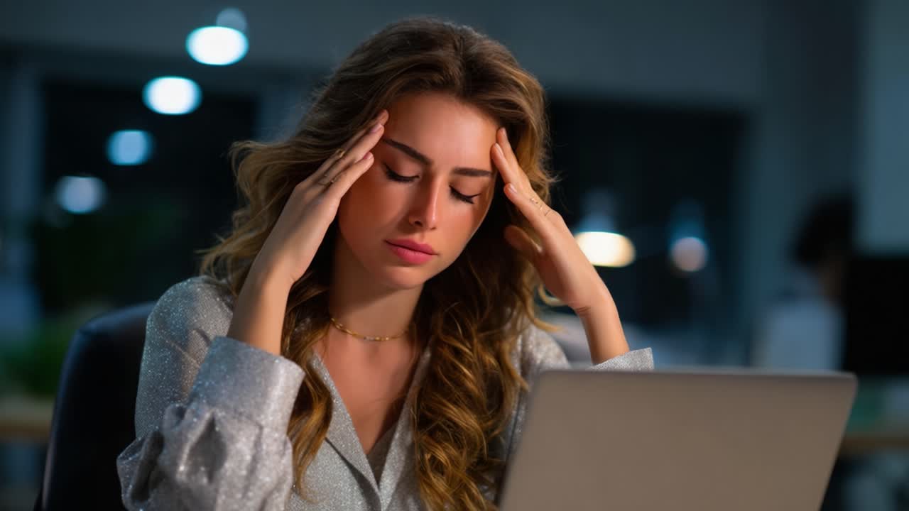 Una donna stressata e frustrata mentre lavora fino a tardi, che fissa lo schermo del suo portatile con un'espressione sofferente, a testimonianza delle difficoltà nel conciliare lavoro e benessere personale in un ambiente impegnativo