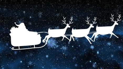 Animation-of-snowflakes-falling-over-santa-claus-in-sleigh-being-pulled-by-reindeers