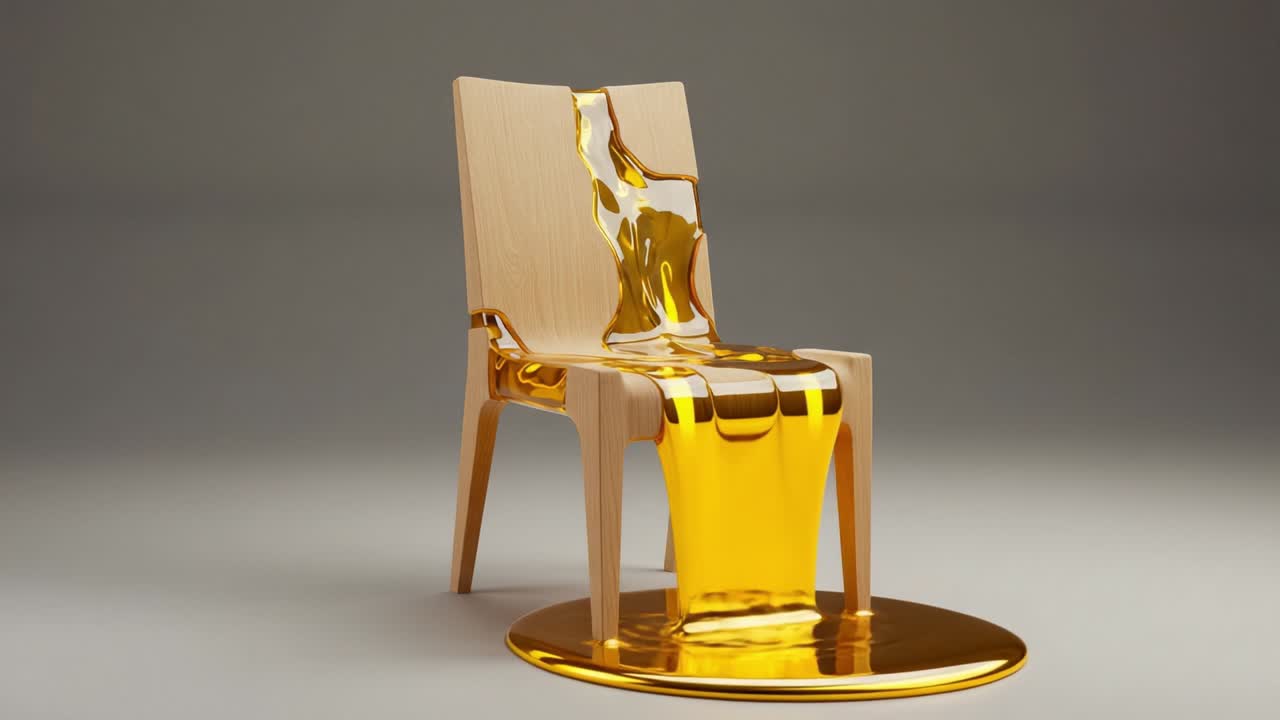 A Unique Artistic Composition Featuring a Sleek Wooden Chair with a Striking Flow of Liquid Gold, Captivating in Its Design and Craftsmanship