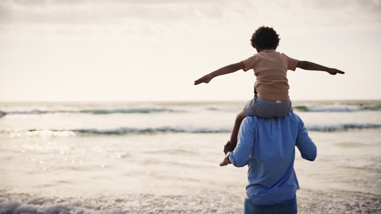 playa, avión y padre con hijo en la naturaleza