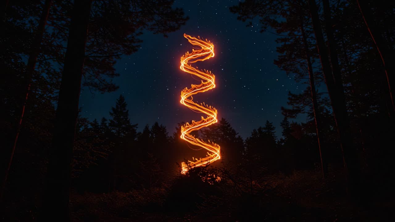 A Mesmerizing Spiral of Flames Illuminates the Night Sky, Creating an Enchanting Visual Experience of Light and Darkness Amidst the Forest Trees
