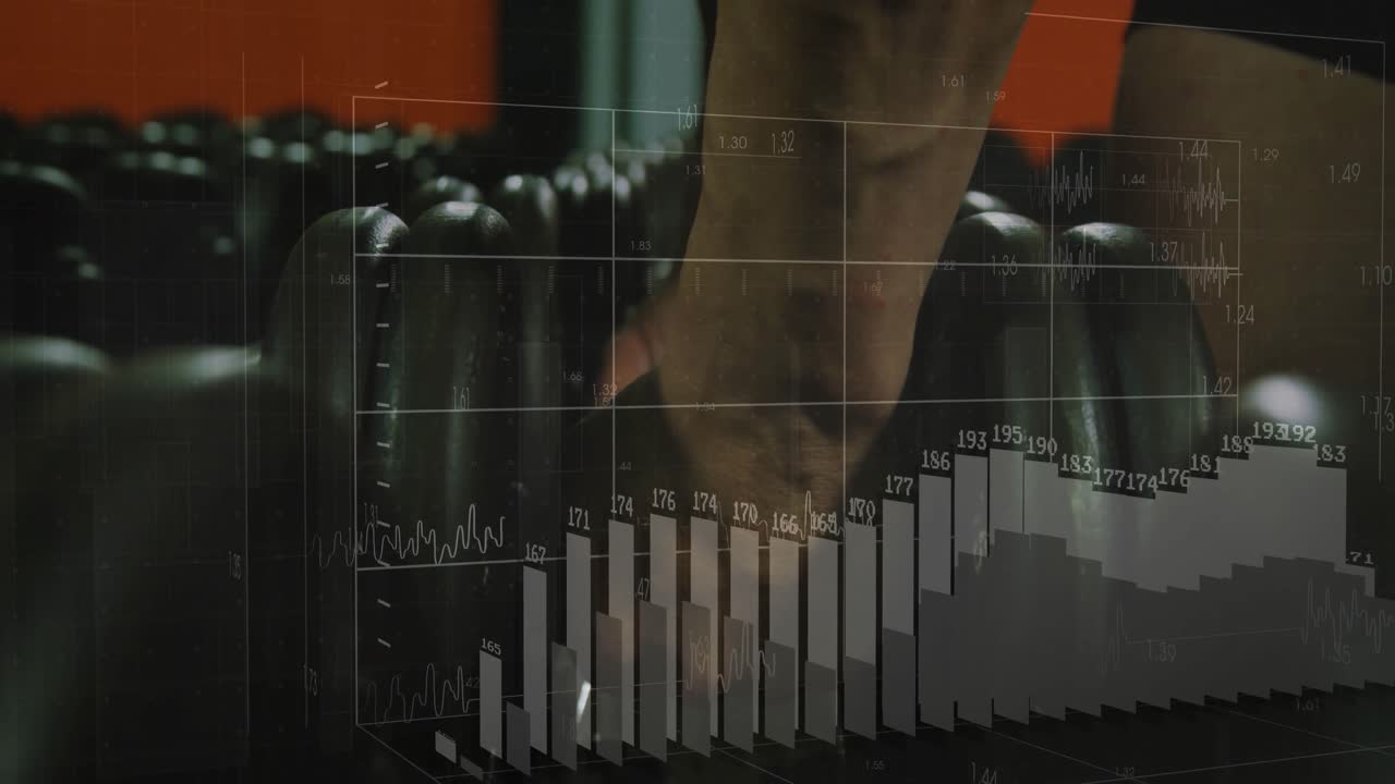 Svævende hånd, der initierer 3D-gitter og animeret søjlediagram, som sporer styrke under hantelløft.