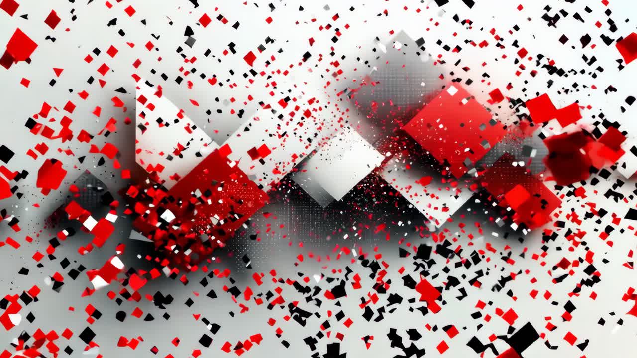 A white background with red and white squares and circles. The squares and circles are in different sizes and are scattered all over the background. The image has a chaotic and busy appearance