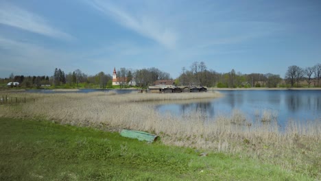 houses and reeds by the lake in spring