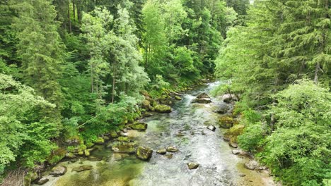 Slow-Motion-Riverbed-Landscape-around-Lush-Forest-Logar-Valley-Slovenia-Alpine-Natural-Tourism-Destination,-Aerial-Drone-Shot