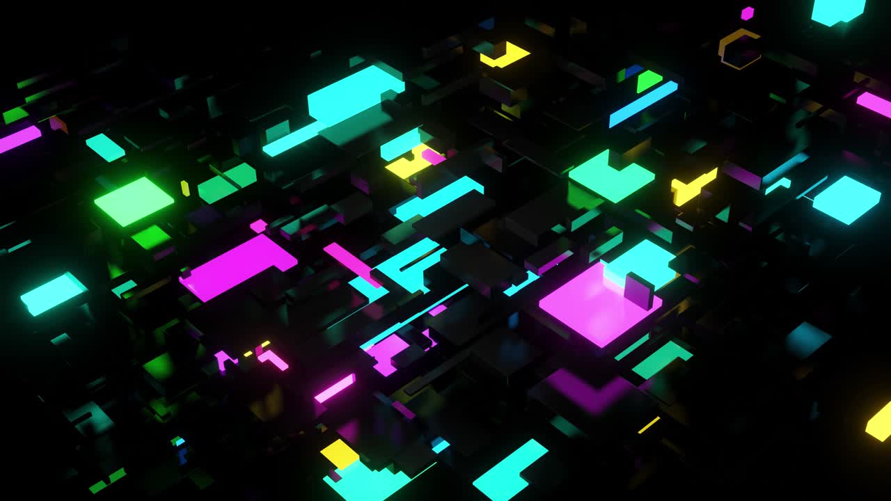 abstract looped 4k dark background neon cubes light bulbs. Visualisation of working ai bigdata or block chain technology. Different sizes cubes network flashing multicolor neon light, like night city.
