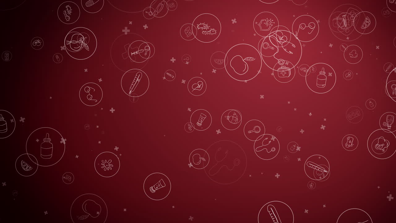 Abstract medical loop red background animation with hand draw icons and symbols. Health care technology, innovation medicine.