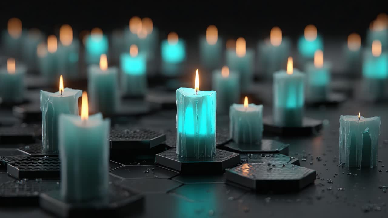 Una serena composizione di candele incandescenti su basi esagonali, che cattura l'atmosfera tranquilla e la luce soffusa emanata dalle fiamme tremolanti in un ambiente buio