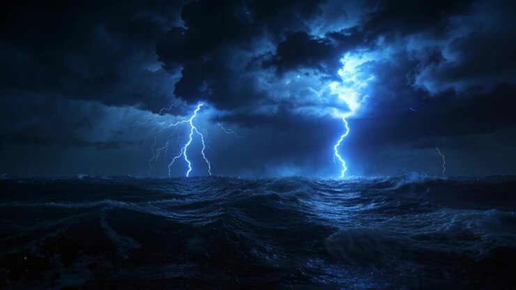 Inizia con un singolo fulmine che squarcia il mare, nuvole temporalesche e la superficie dell'oceano che rivela le onde.