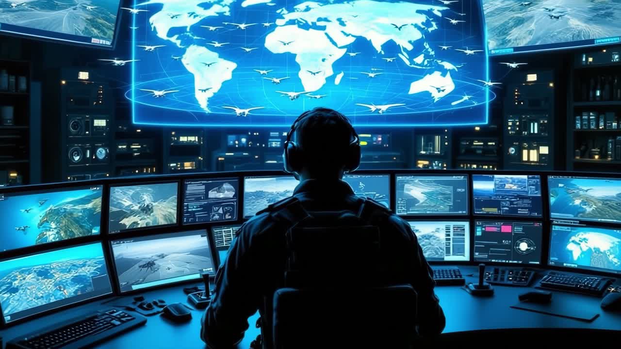 Operator focused on monitoring global air traffic from a high-tech control room, surrounded by multiple screens displaying maps and data, creating an atmosphere of advanced technology and precision