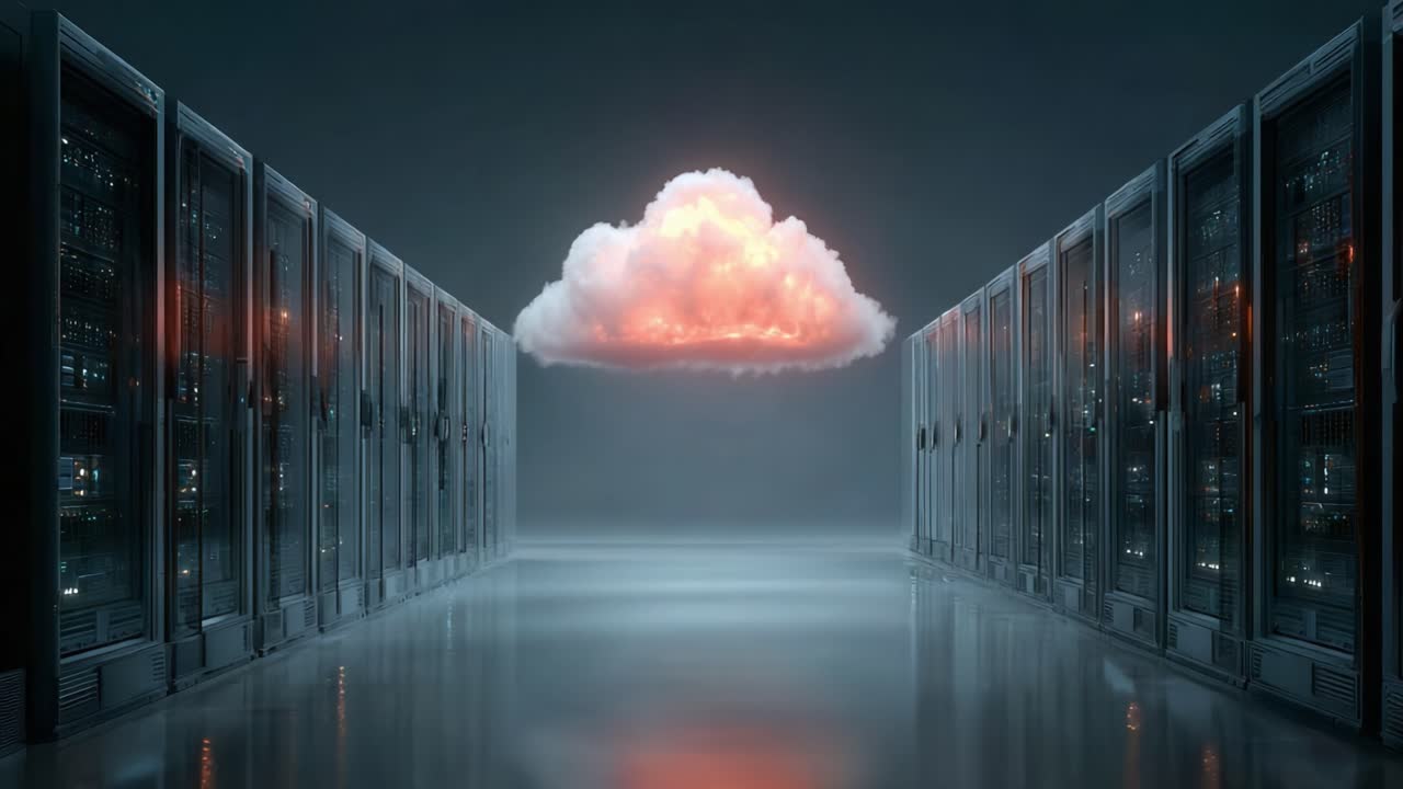 A Futuristic Data Center Featuring Rows of Server Racks with a Surreal Cloud Above Symbolizing Advanced Cloud Computing and Data Storage Technologies
