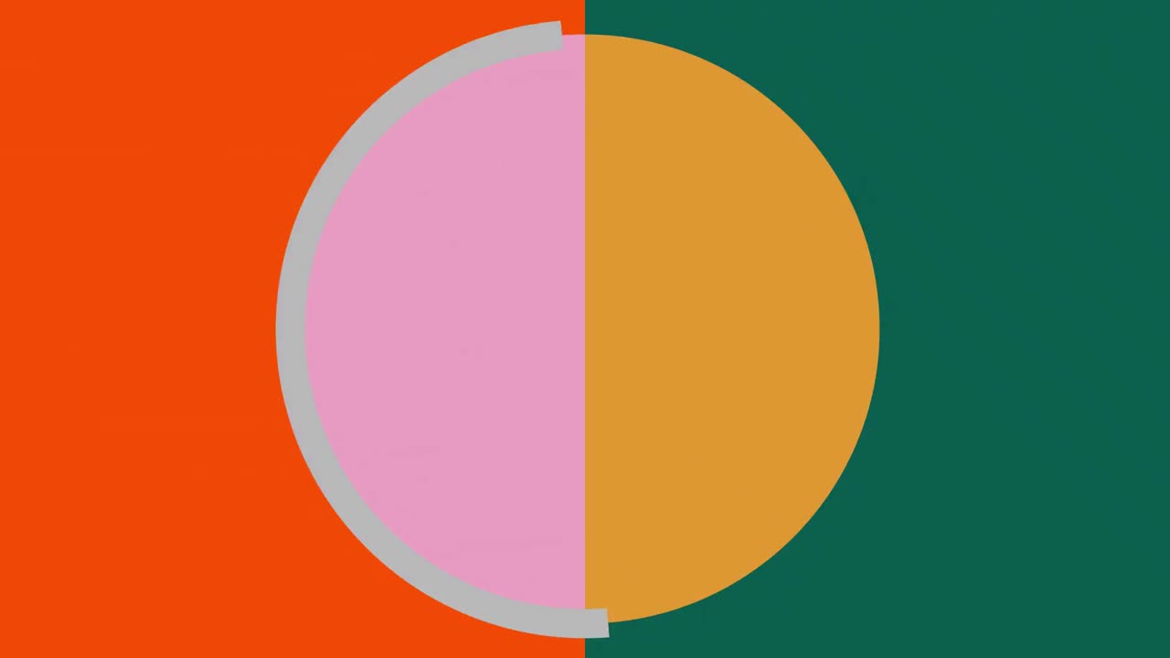 분홍색과 노란색의 원과 회색의 고리의 애니메이션이 오렌지색과 녹색의 배경으로 이동합니다.