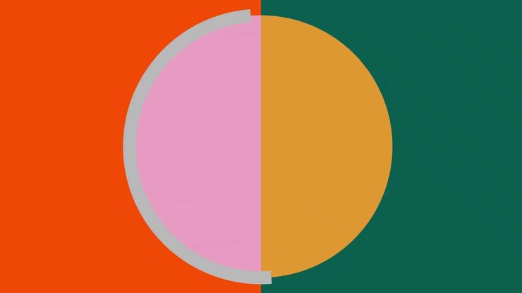 Animação de círculo rosa e amarelo e anel cinza movendo-se sobre um fundo laranja e verde.