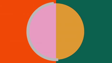animación de círculo rosa y amarillo y anillo gris moviéndose sobre fondo naranja y verde