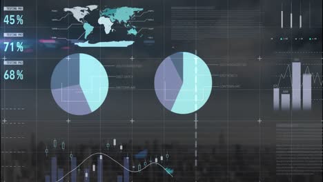 animación del procesamiento de datos estadísticos frente a una vista aérea del paisaje urbano