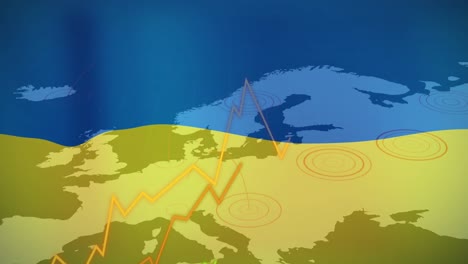 Animation-Von-Finanzdaten-Und-Diagramm-über-Europakarte-Und-Flagge-Der-Ukraine