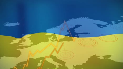 animation of financial data and graph over europe map and flag of ukraine
