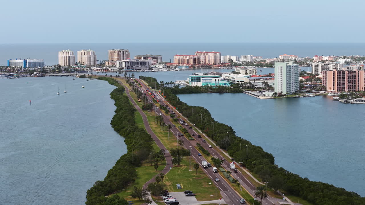 Aerial view around traffic on the Clearwater Memorial Causeway, in sunny Florida